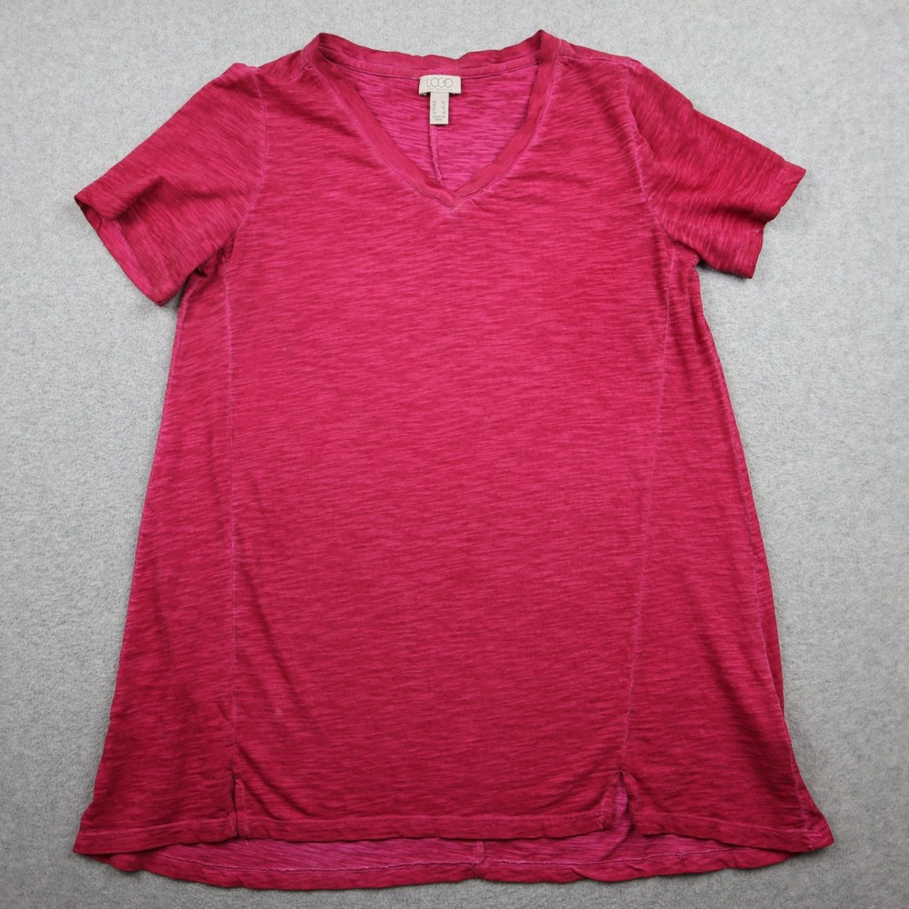 LOGO Lori Goldstein Tunic Womens XS Slub Knit Raspberry Pink V-Neck Short Sleeve